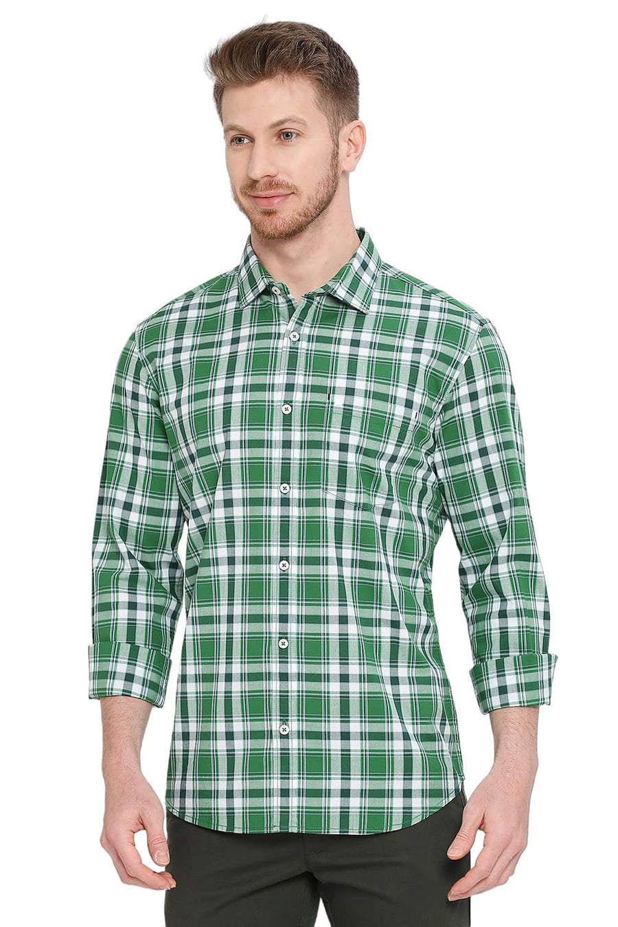 BASICS SLIM FIT GOLF GREEN COTTON CHECKS SHIRT