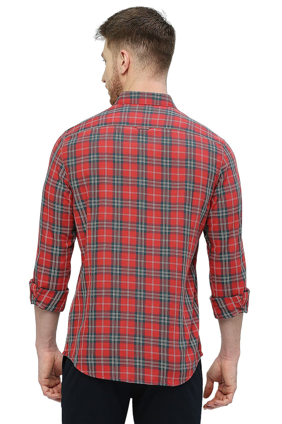 BASICS SLIM FIT RACING RED COTTON TWILL CHECKS SHIRT
