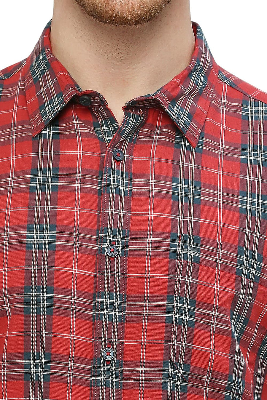 BASICS SLIM FIT RACING RED COTTON TWILL CHECKS SHIRT