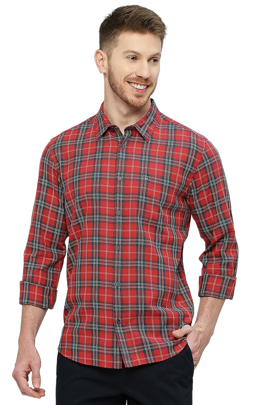 BASICS SLIM FIT RACING RED COTTON TWILL CHECKS SHIRT