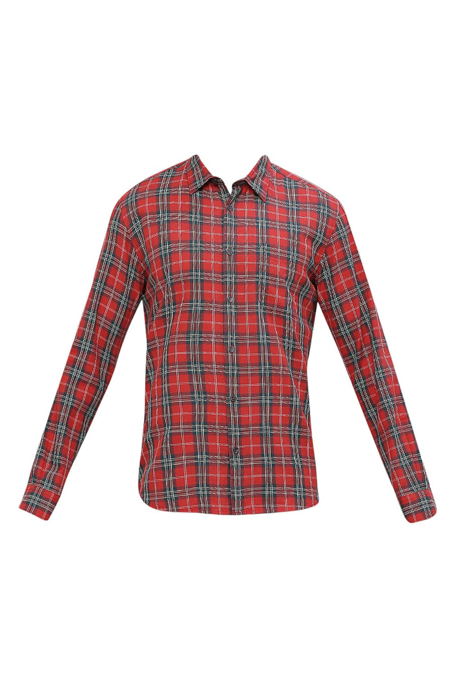 BASICS SLIM FIT RACING RED COTTON TWILL CHECKS SHIRT