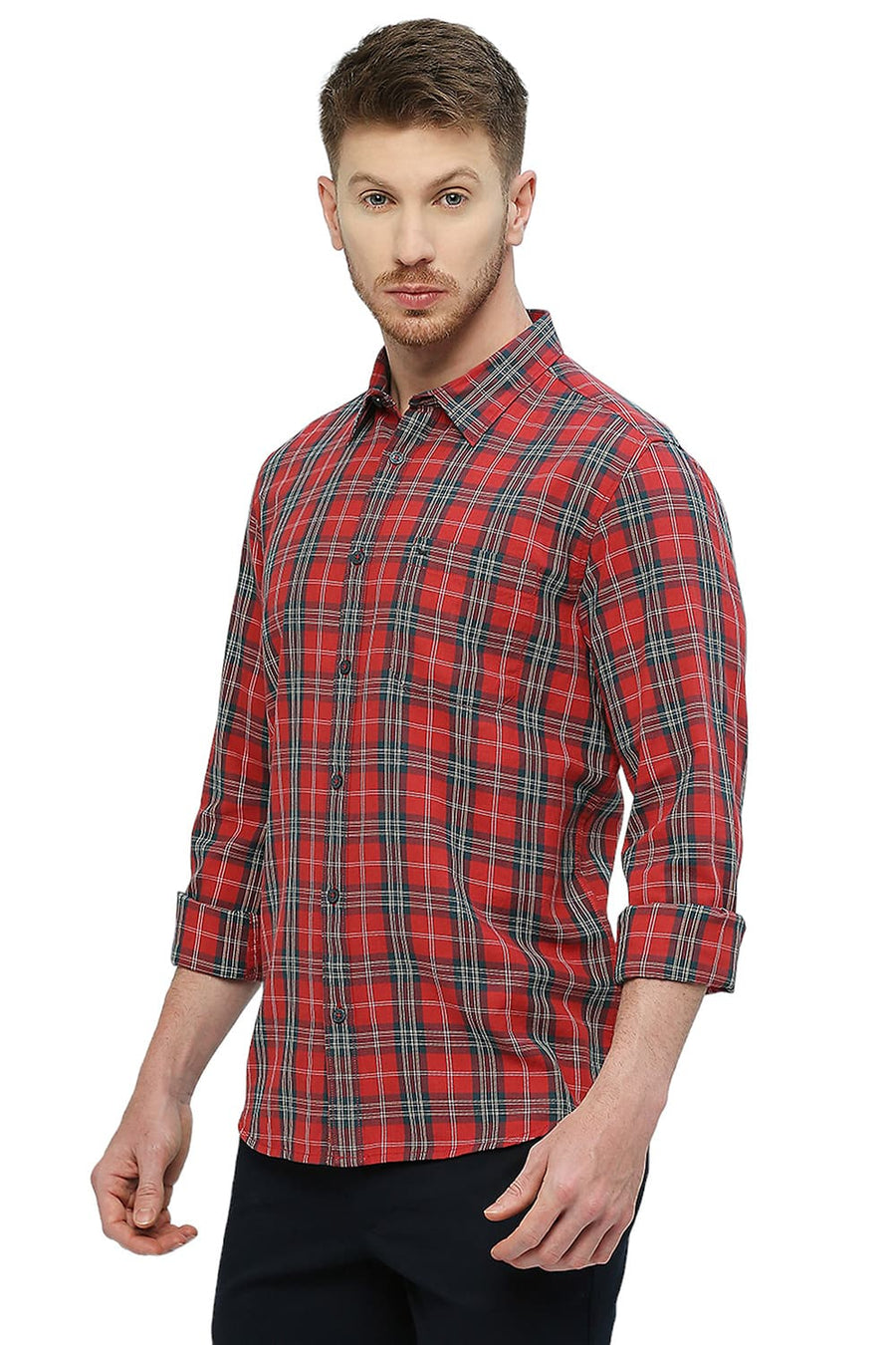 BASICS SLIM FIT RACING RED COTTON TWILL CHECKS SHIRT