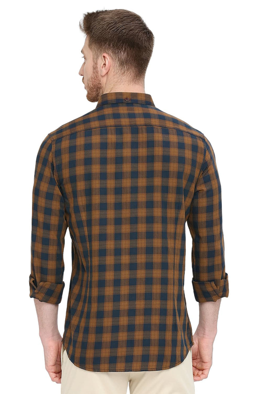 BASICS SLIM FIT TOFFEE KHAKI COTTON TWILL CHECKS SHIRT