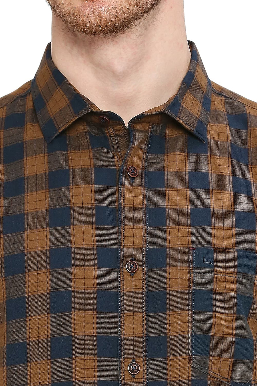 BASICS SLIM FIT TOFFEE KHAKI COTTON TWILL CHECKS SHIRT