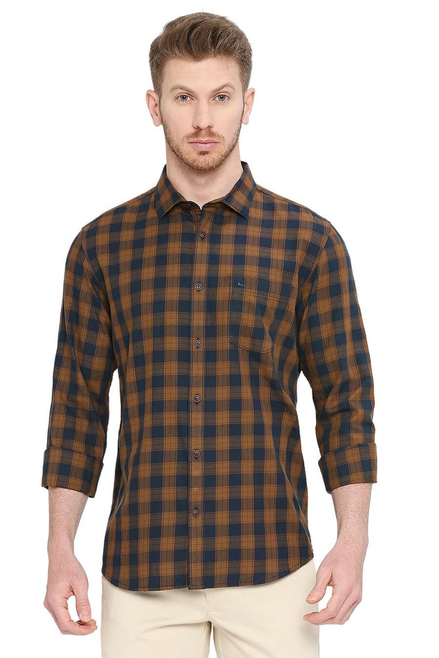 BASICS SLIM FIT TOFFEE KHAKI COTTON TWILL CHECKS SHIRT
