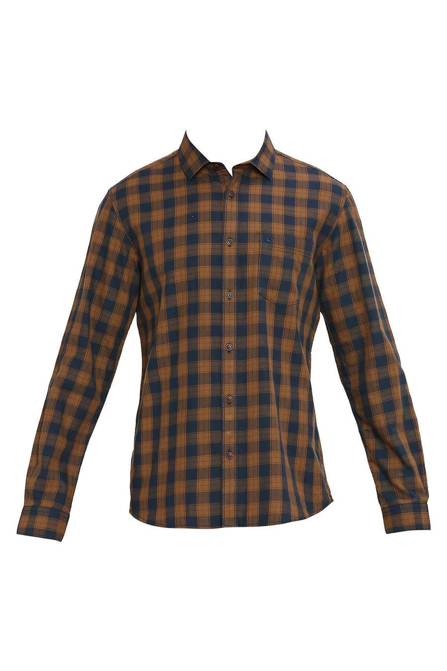 BASICS SLIM FIT TOFFEE KHAKI COTTON TWILL CHECKS SHIRT