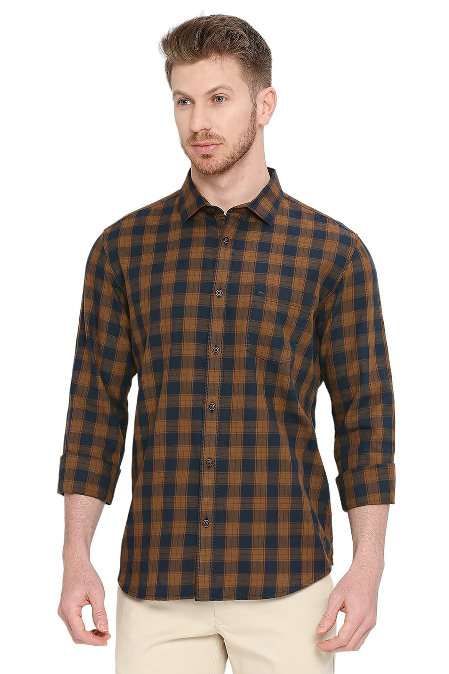 BASICS SLIM FIT TOFFEE KHAKI COTTON TWILL CHECKS SHIRT