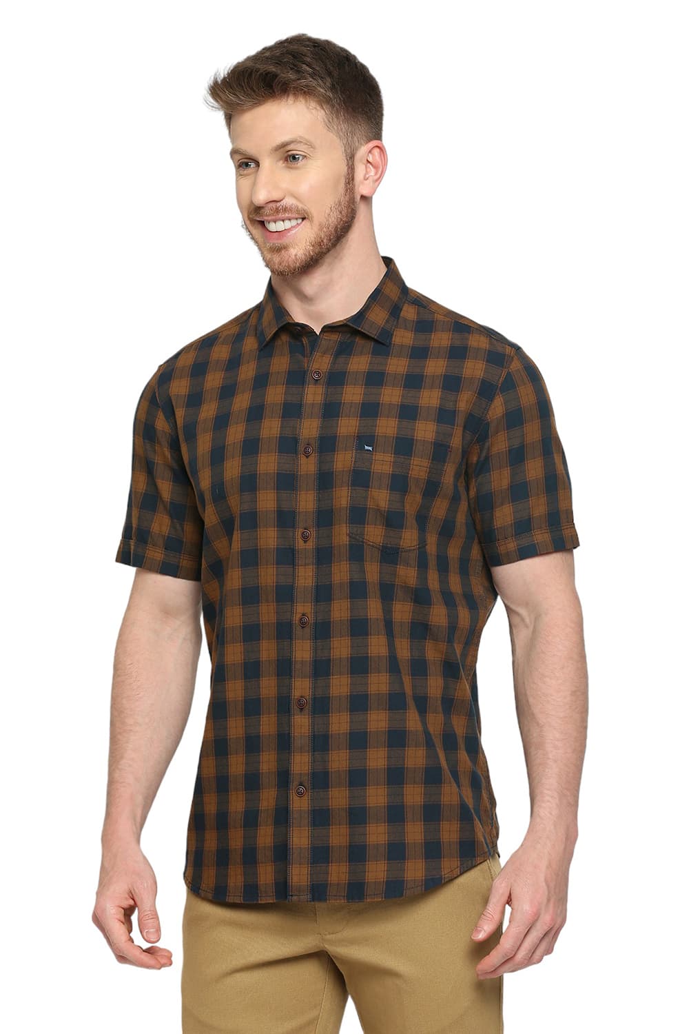 BASICS SLIM FIT COTTON TWILL CHECKS HALFSLEEVES SHIRT