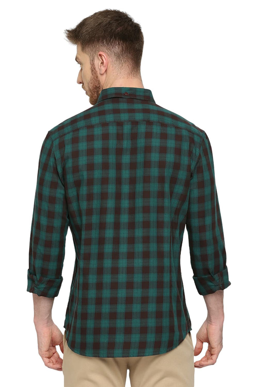 BASICS SLIM FIT ALEXANDRITE GREEN COTTON TWILL CHECKS SHIRT