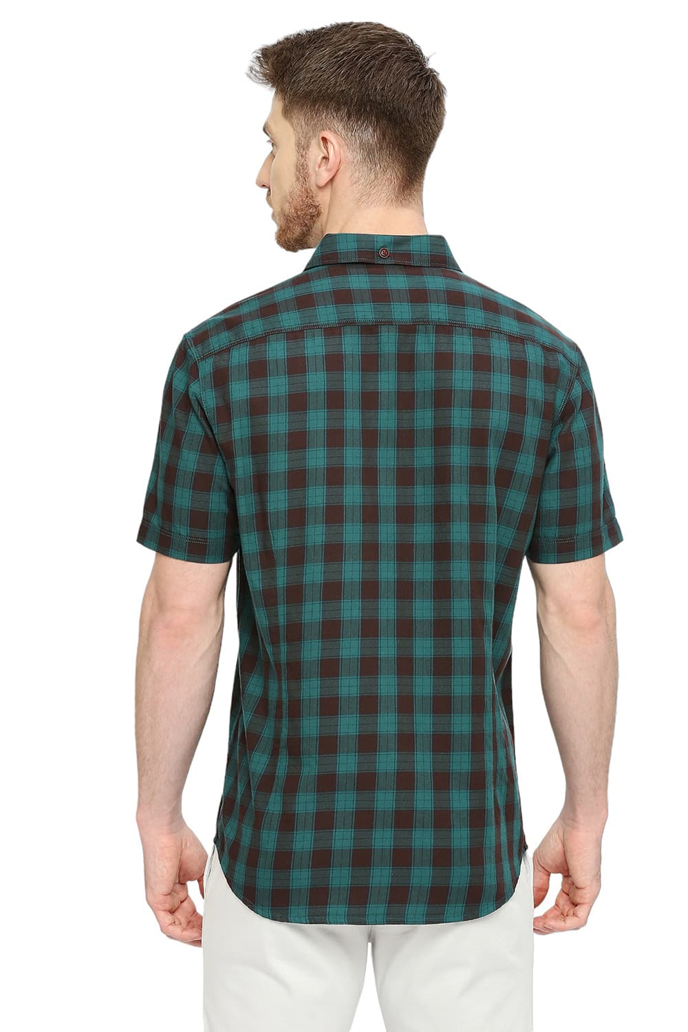 BASICS SLIM FIT COTTON TWILL CHECKS HALFSLEEVES SHIRT