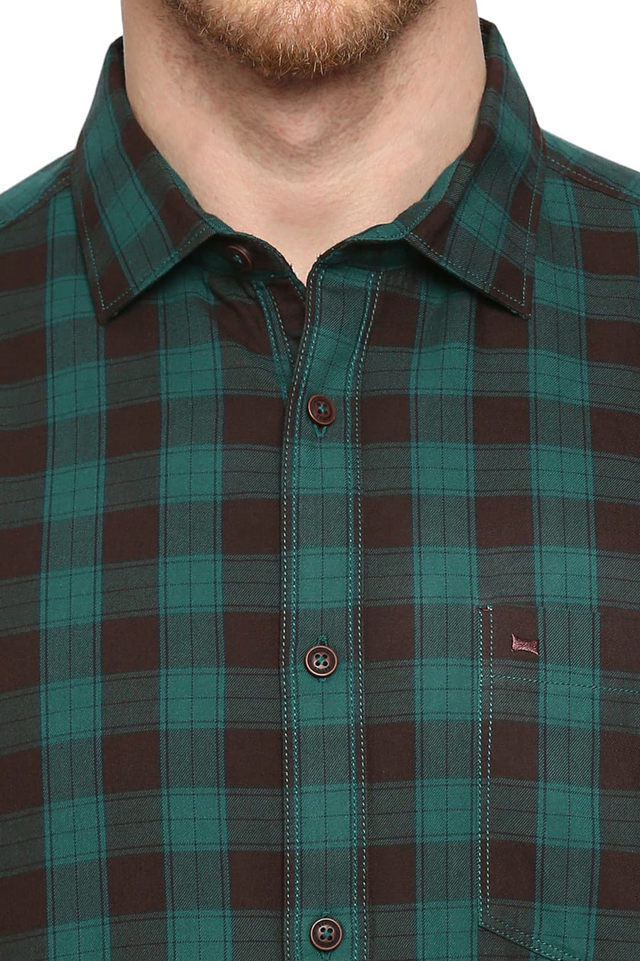 BASICS SLIM FIT ALEXANDRITE GREEN COTTON TWILL CHECKS SHIRT