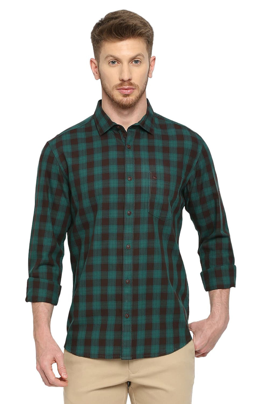 BASICS SLIM FIT ALEXANDRITE GREEN COTTON TWILL CHECKS SHIRT