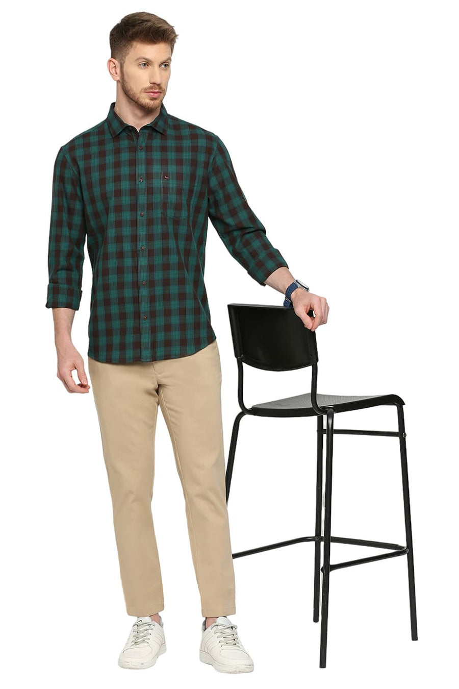BASICS SLIM FIT ALEXANDRITE GREEN COTTON TWILL CHECKS SHIRT