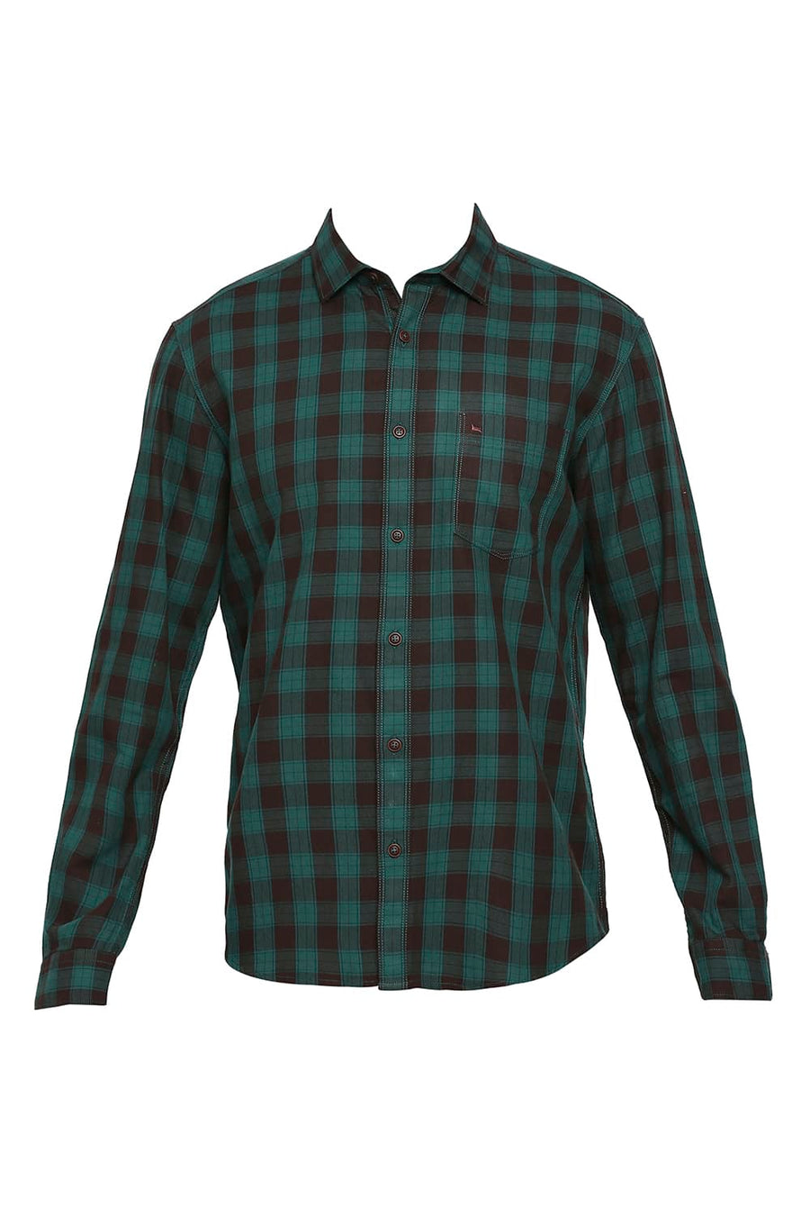 BASICS SLIM FIT ALEXANDRITE GREEN COTTON TWILL CHECKS SHIRT