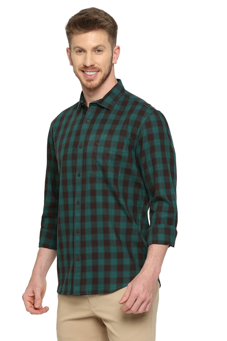 BASICS SLIM FIT ALEXANDRITE GREEN COTTON TWILL CHECKS SHIRT