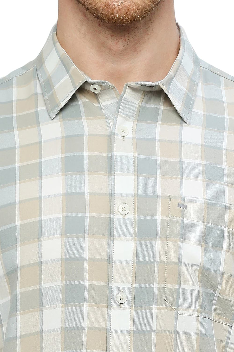BASICS SLIM FIT GULL GREY COTTON TWILL CHECKS SHIRT