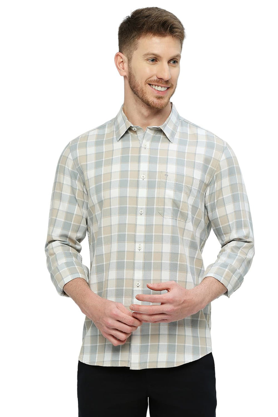 BASICS SLIM FIT GULL GREY COTTON TWILL CHECKS SHIRT