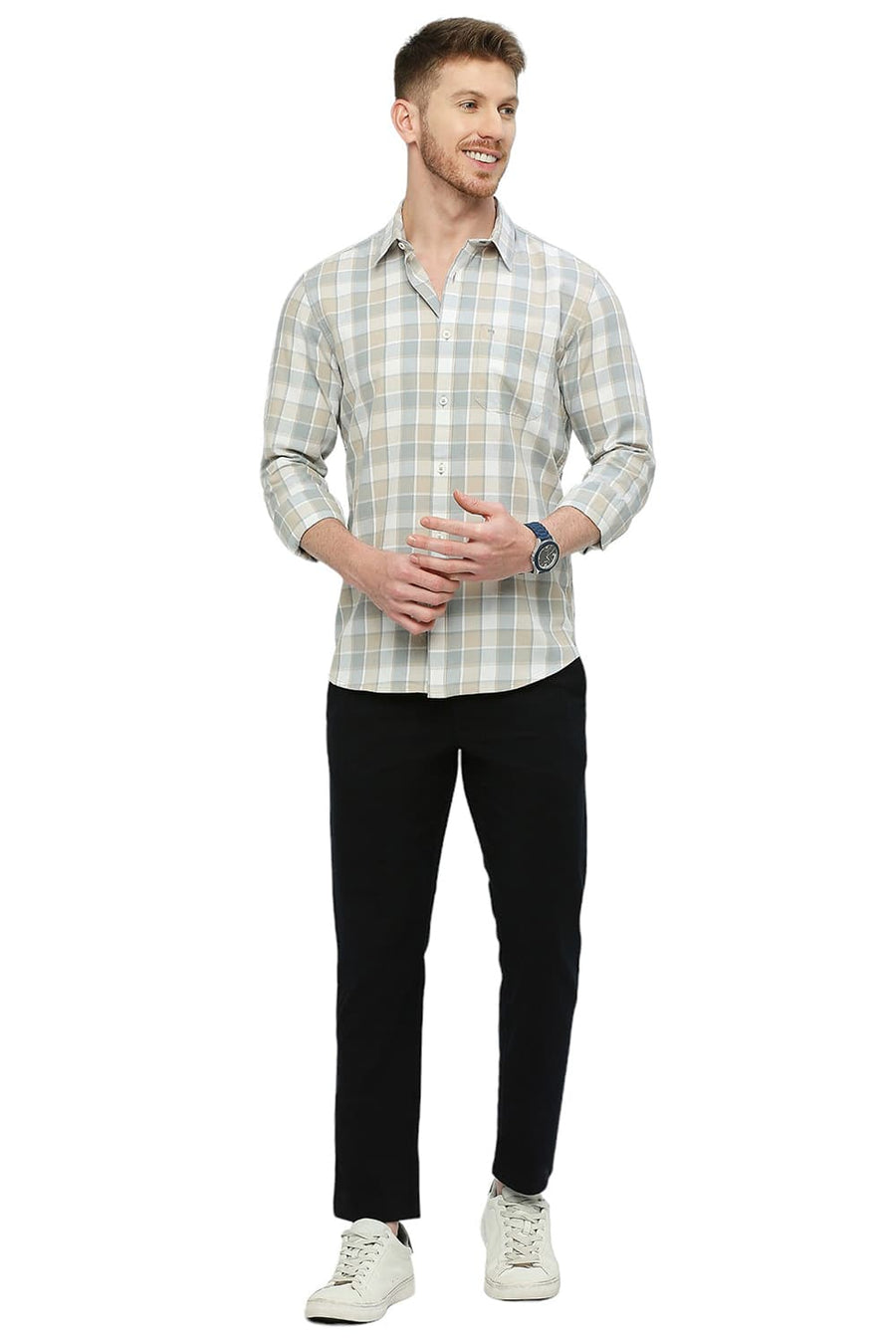 BASICS SLIM FIT GULL GREY COTTON TWILL CHECKS SHIRT