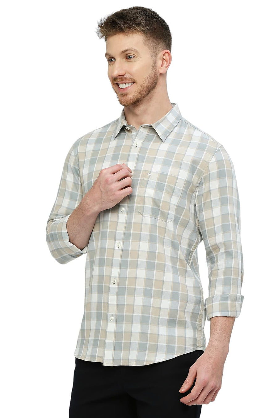 BASICS SLIM FIT GULL GREY COTTON TWILL CHECKS SHIRT
