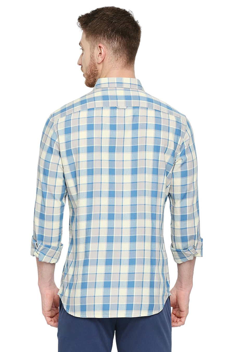 BASICS SLIM FIT FAIENCE BLUE COTTON TWILL CHECKS SHIRT