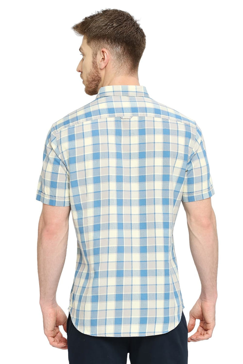 BASICS SLIM FIT COTTON TWILL CHECKS HALFSLEEVES SHIRT