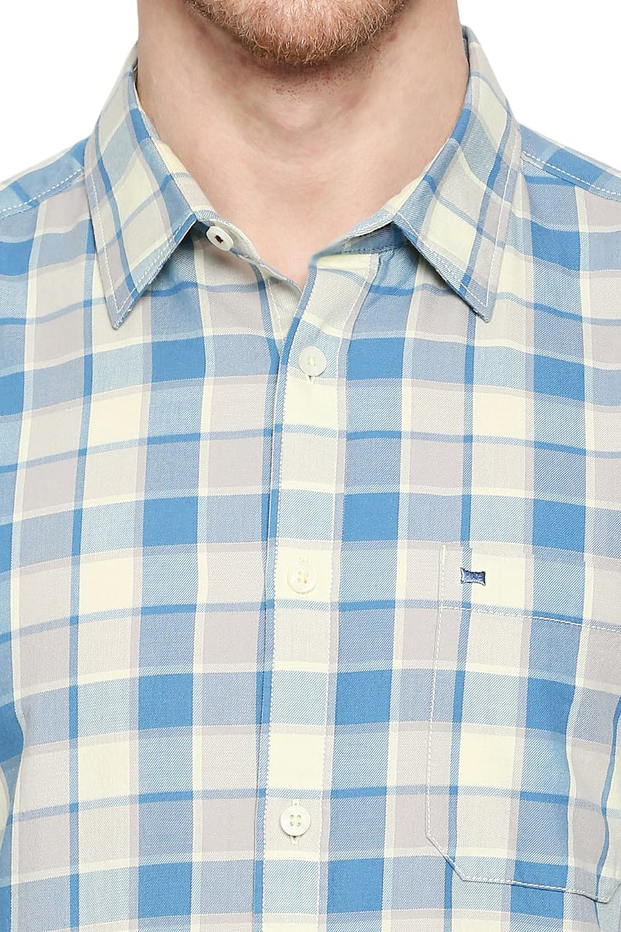 BASICS SLIM FIT FAIENCE BLUE COTTON TWILL CHECKS SHIRT