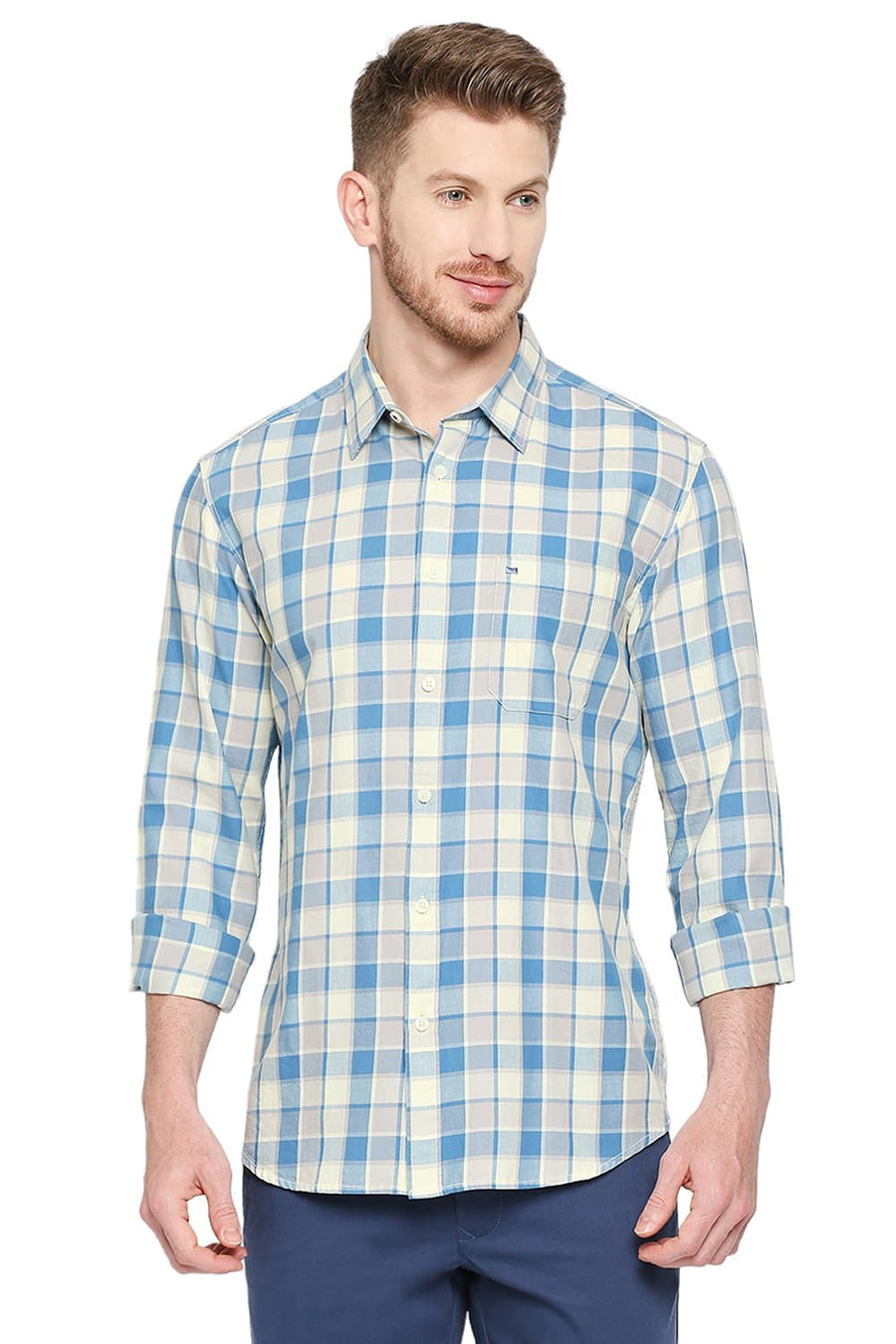 BASICS SLIM FIT FAIENCE BLUE COTTON TWILL CHECKS SHIRT