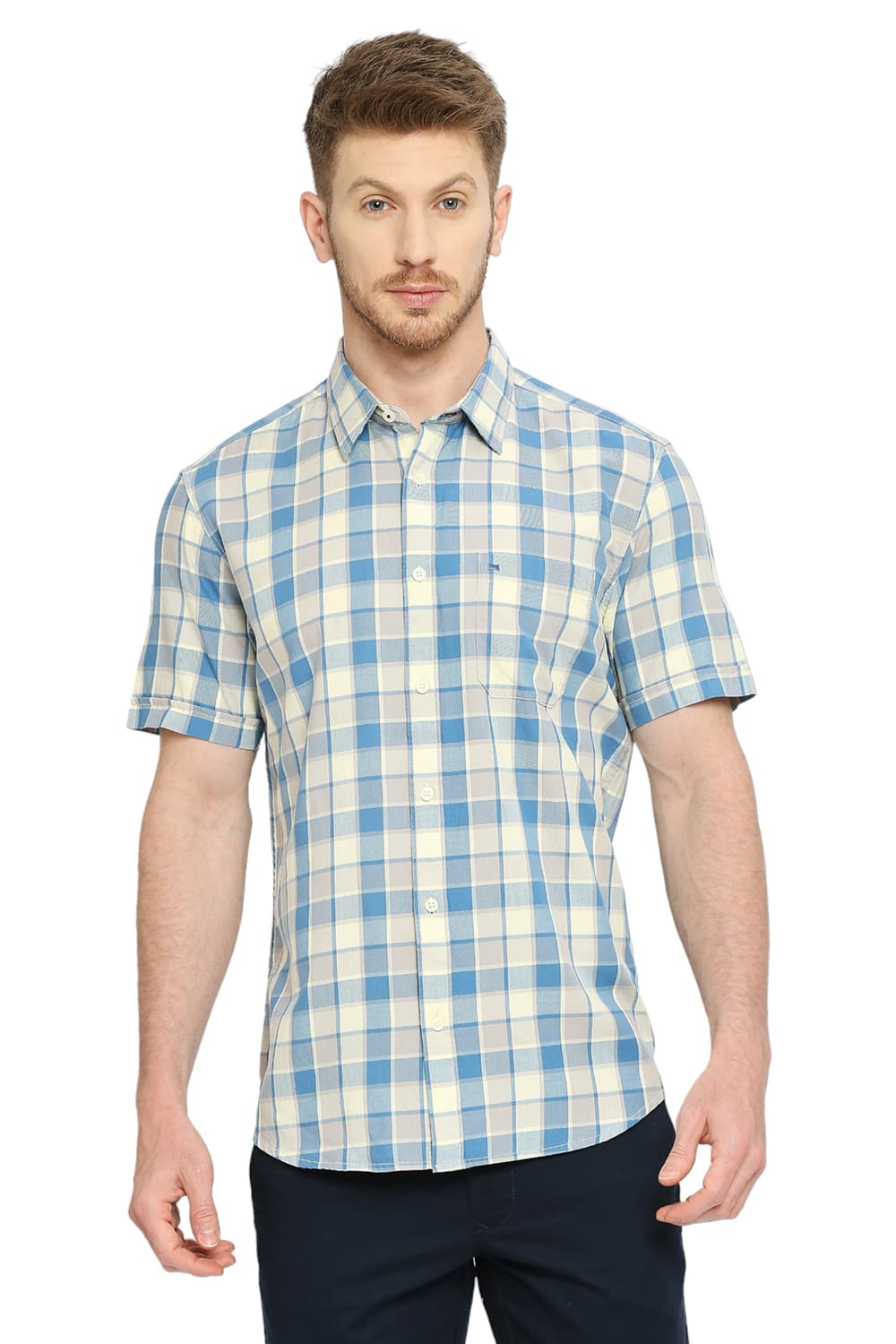 BASICS SLIM FIT COTTON TWILL CHECKS HALFSLEEVES SHIRT