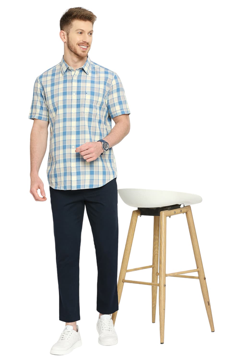 BASICS SLIM FIT COTTON TWILL CHECKS HALFSLEEVES SHIRT