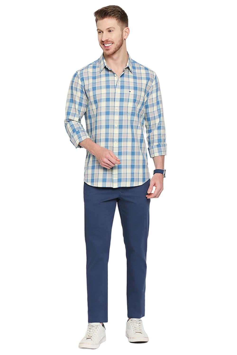 BASICS SLIM FIT COTTON TWILL CHECKS SHIRT