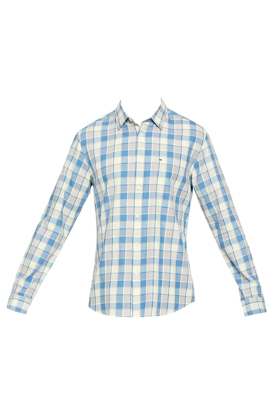 BASICS SLIM FIT FAIENCE BLUE COTTON TWILL CHECKS SHIRT
