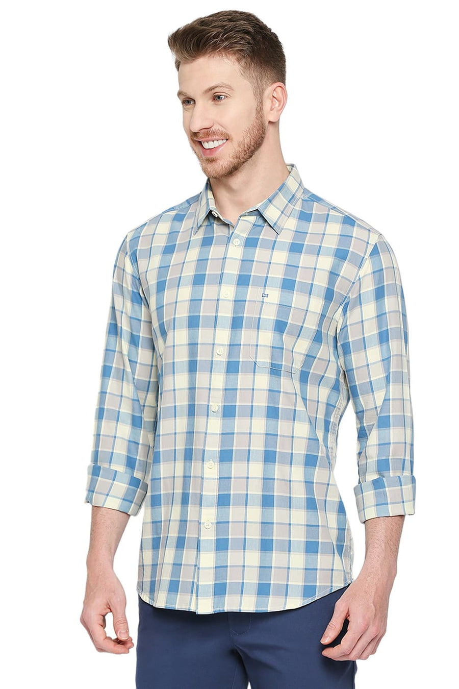 BASICS SLIM FIT FAIENCE BLUE COTTON TWILL CHECKS SHIRT