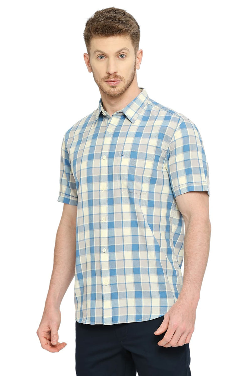 BASICS SLIM FIT COTTON TWILL CHECKS HALFSLEEVES SHIRT