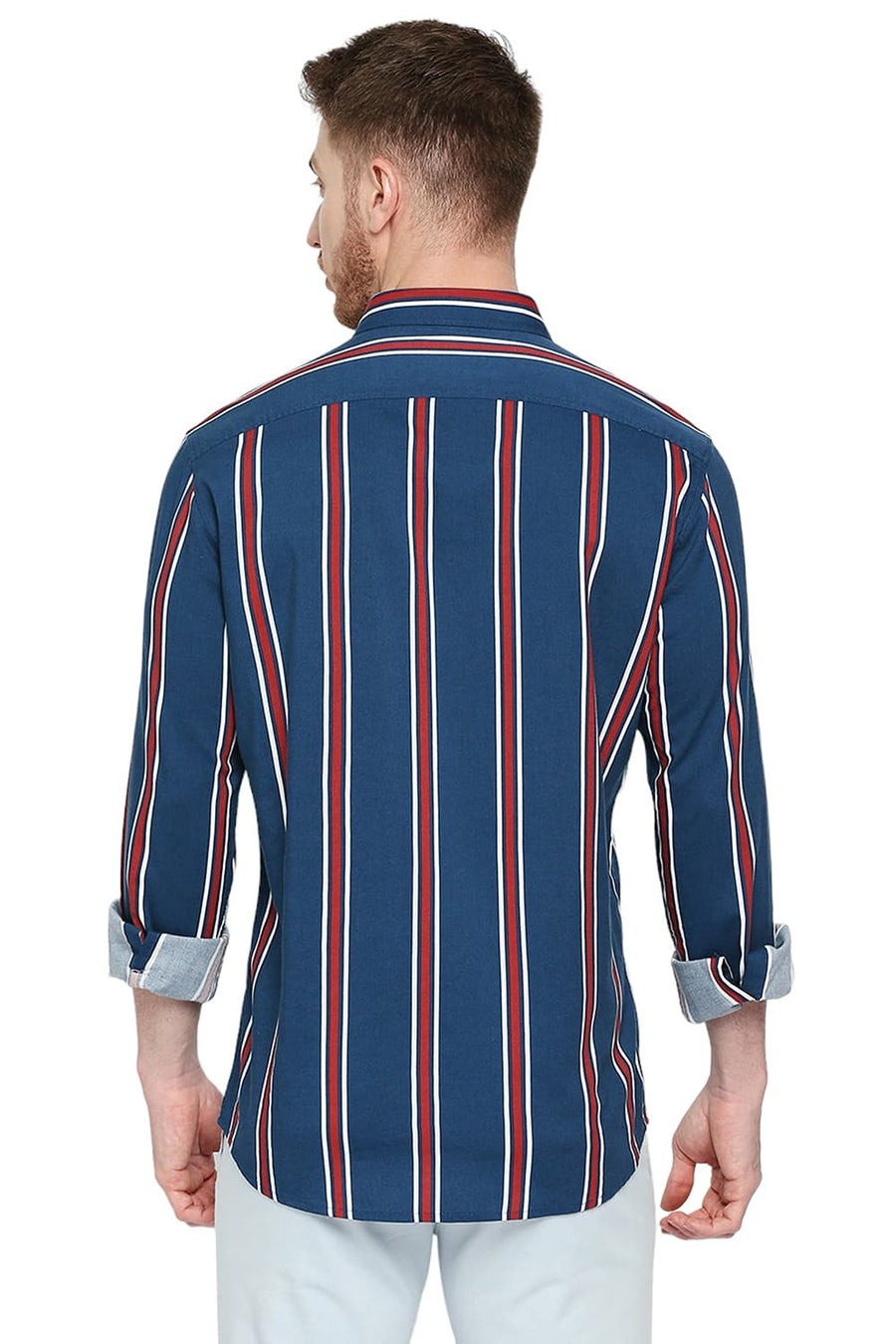 BASICS SLIM FIT CORSAIR BLUE COTTON VISCOSE STRIPE SHIRT