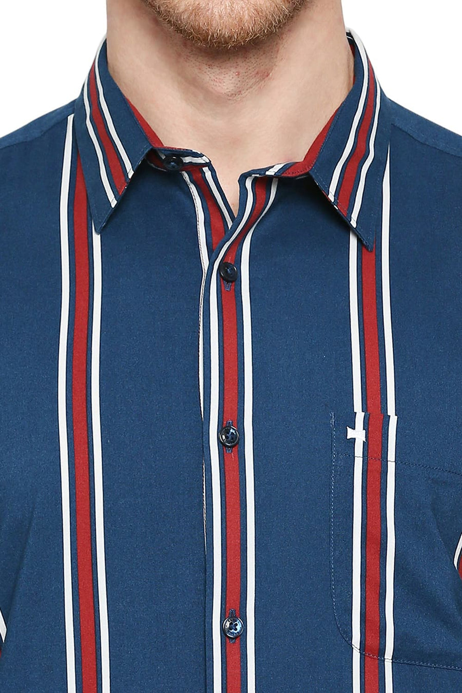 BASICS SLIM FIT CORSAIR BLUE COTTON VISCOSE STRIPE SHIRT