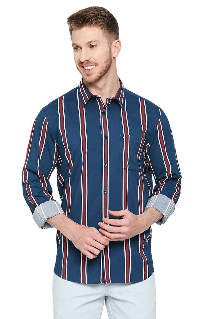 BASICS SLIM FIT CORSAIR BLUE COTTON VISCOSE STRIPE SHIRT