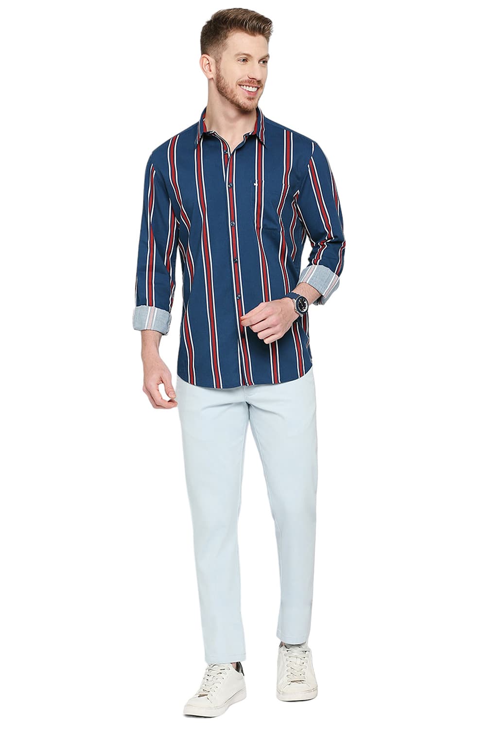 BASICS SLIM FIT COTTON VISCOSE STRIPE SHIRT