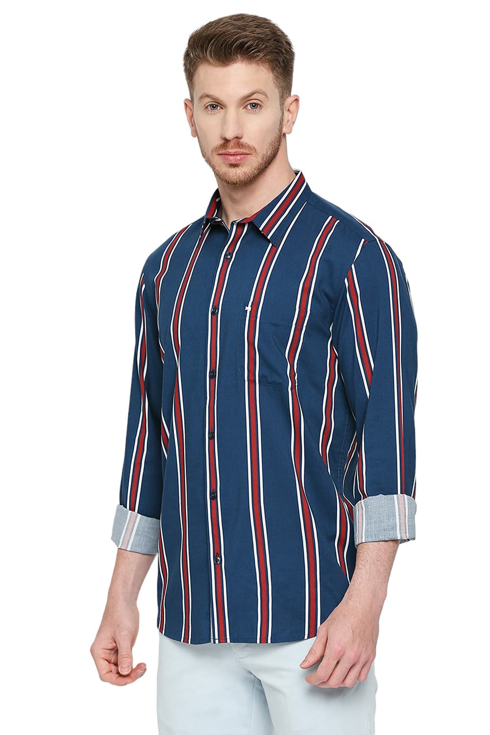 BASICS SLIM FIT COTTON VISCOSE STRIPE SHIRT