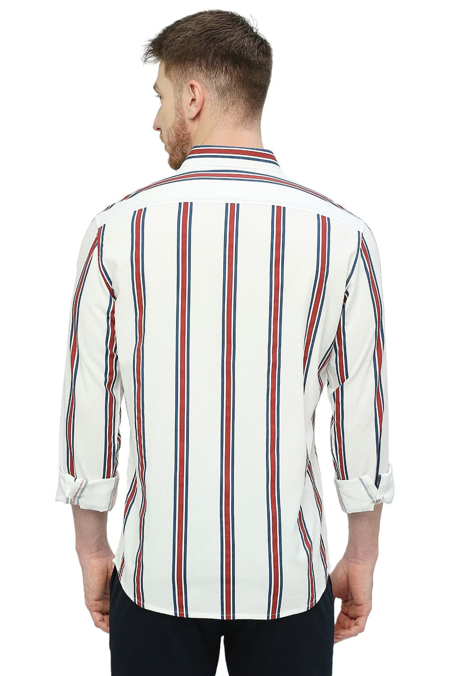 BASICS SLIM FIT SUGAR WHITE COTTON VISCOSE STRIPE SHIRT