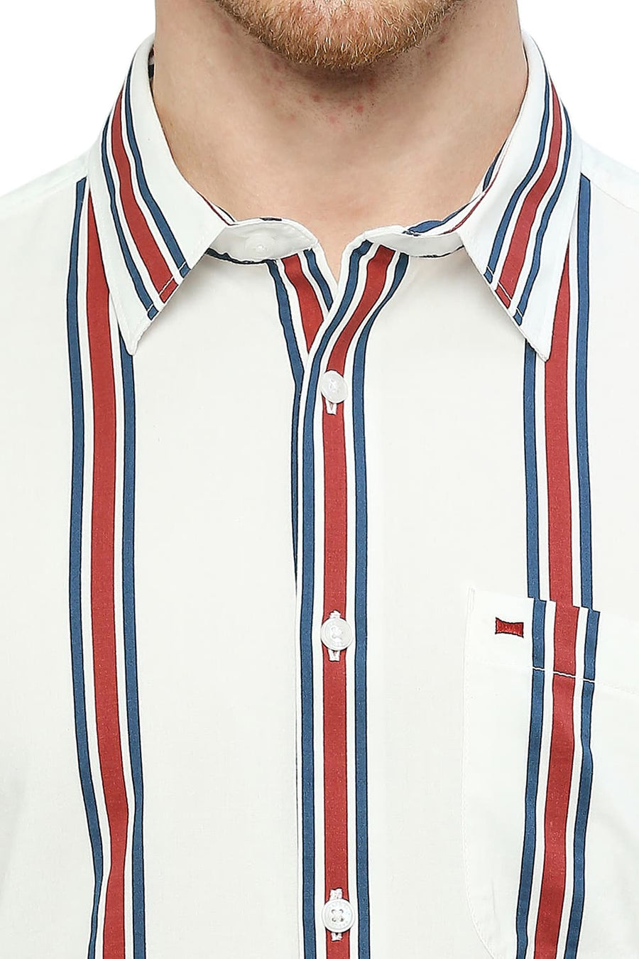 BASICS SLIM FIT SUGAR WHITE COTTON VISCOSE STRIPE SHIRT