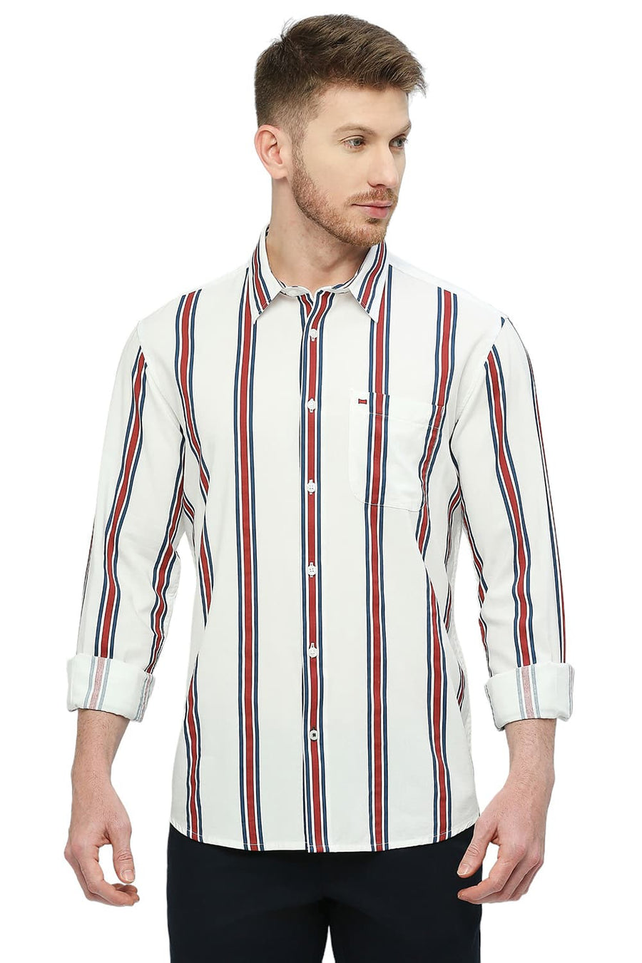 BASICS SLIM FIT SUGAR WHITE COTTON VISCOSE STRIPE SHIRT
