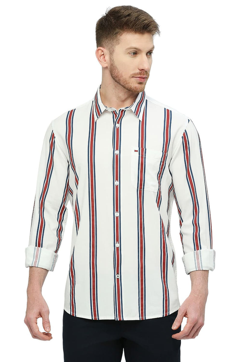 BASICS SLIM FIT COTTON VISCOSE STRIPE SHIRT