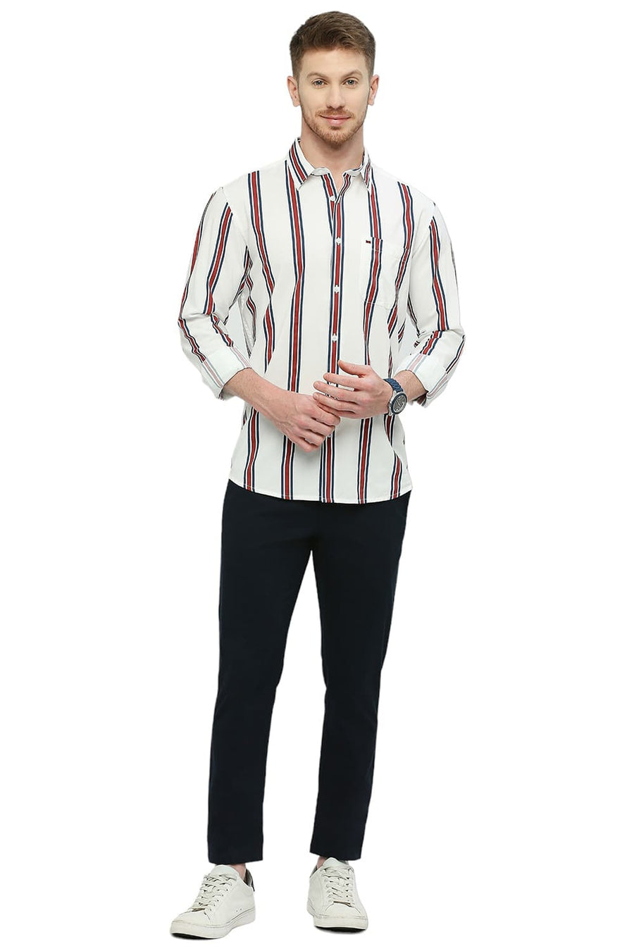 BASICS SLIM FIT SUGAR WHITE COTTON VISCOSE STRIPE SHIRT