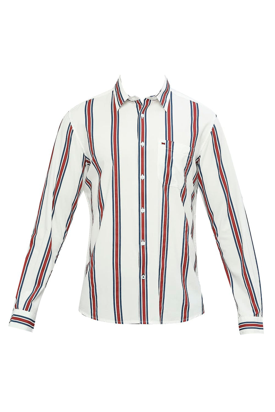 BASICS SLIM FIT SUGAR WHITE COTTON VISCOSE STRIPE SHIRT