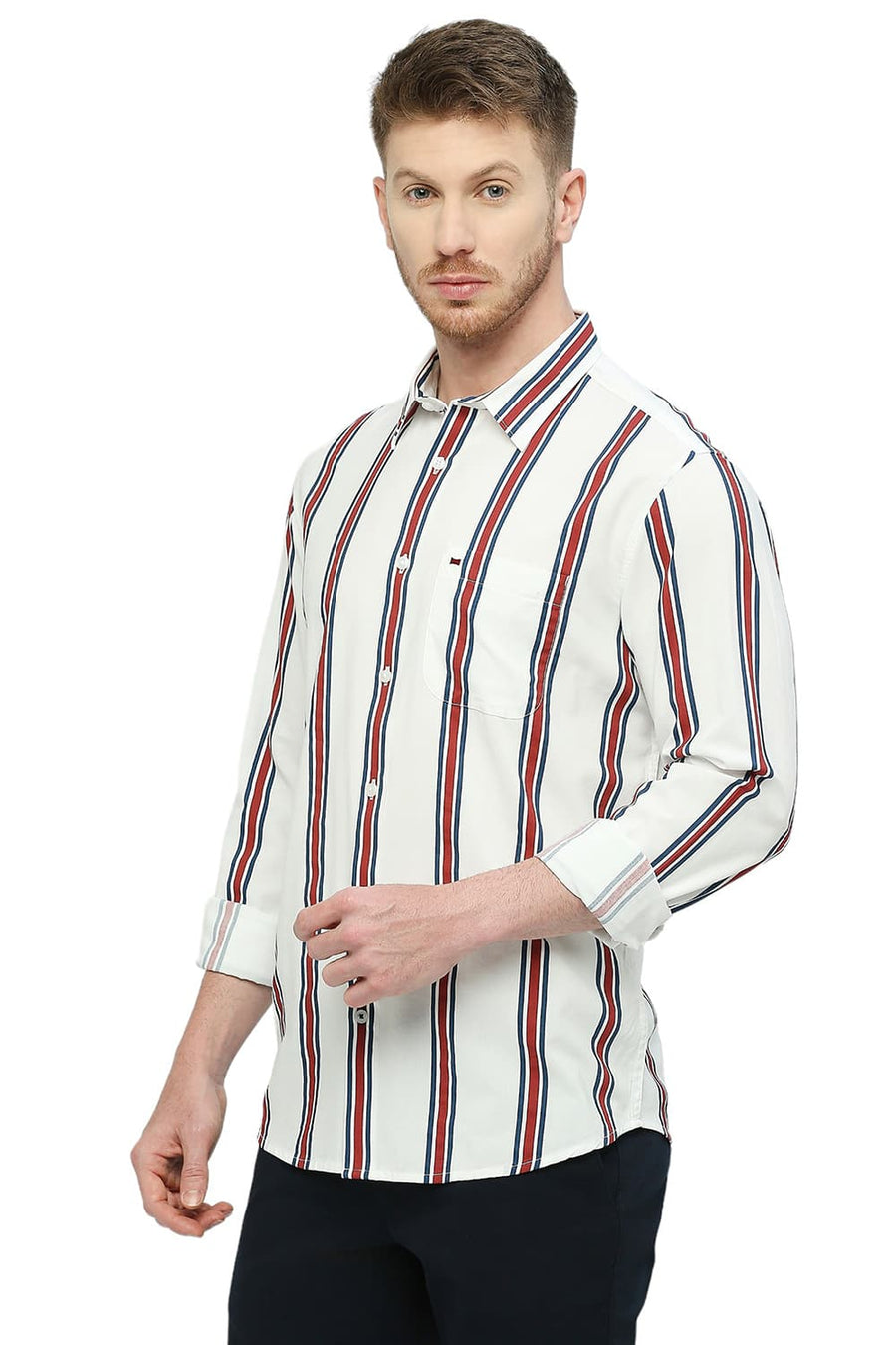 BASICS SLIM FIT SUGAR WHITE COTTON VISCOSE STRIPE SHIRT