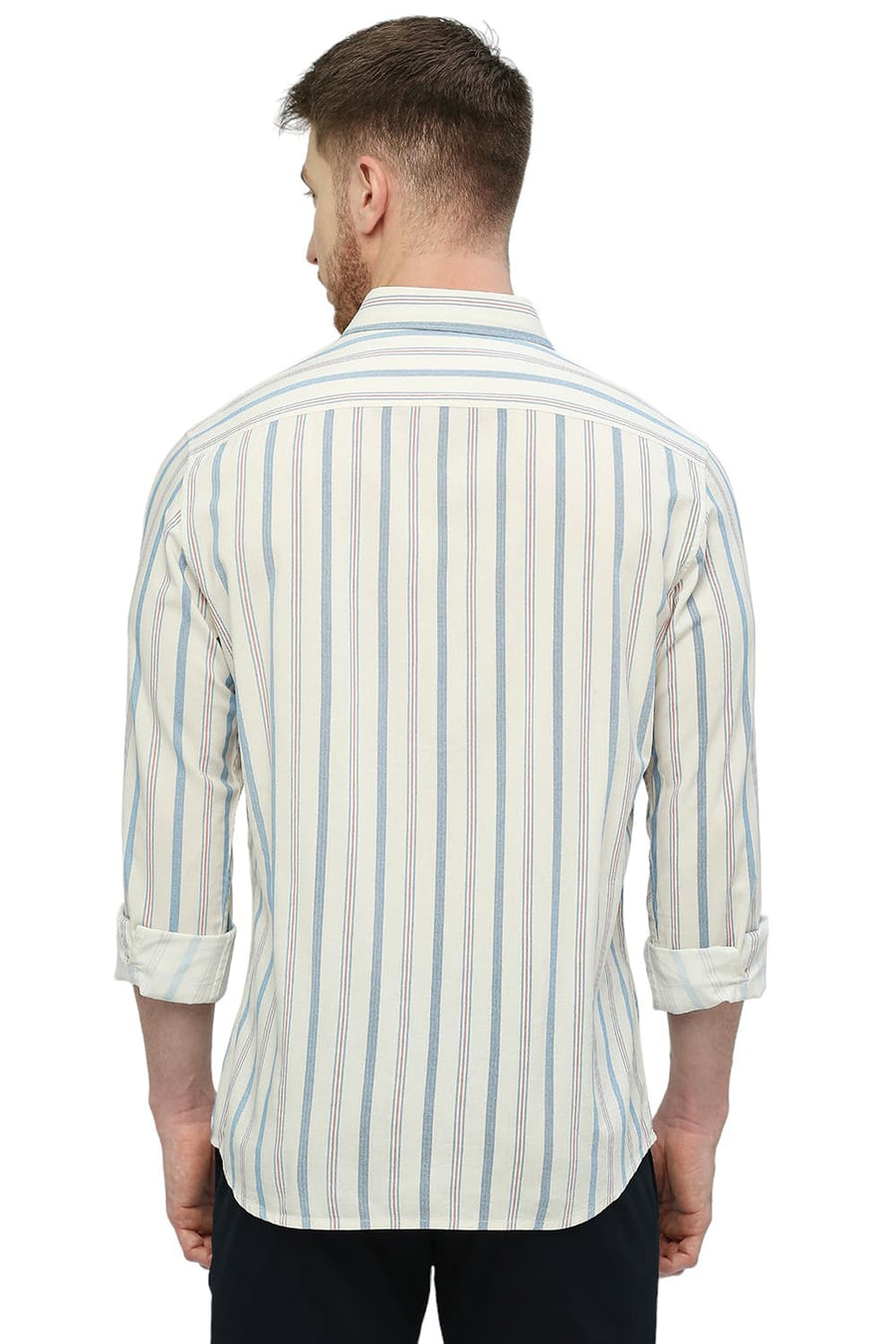 BASICS SLIM FIT MARINA BLUE COTTON VISCOSE STRIPE SHIRT