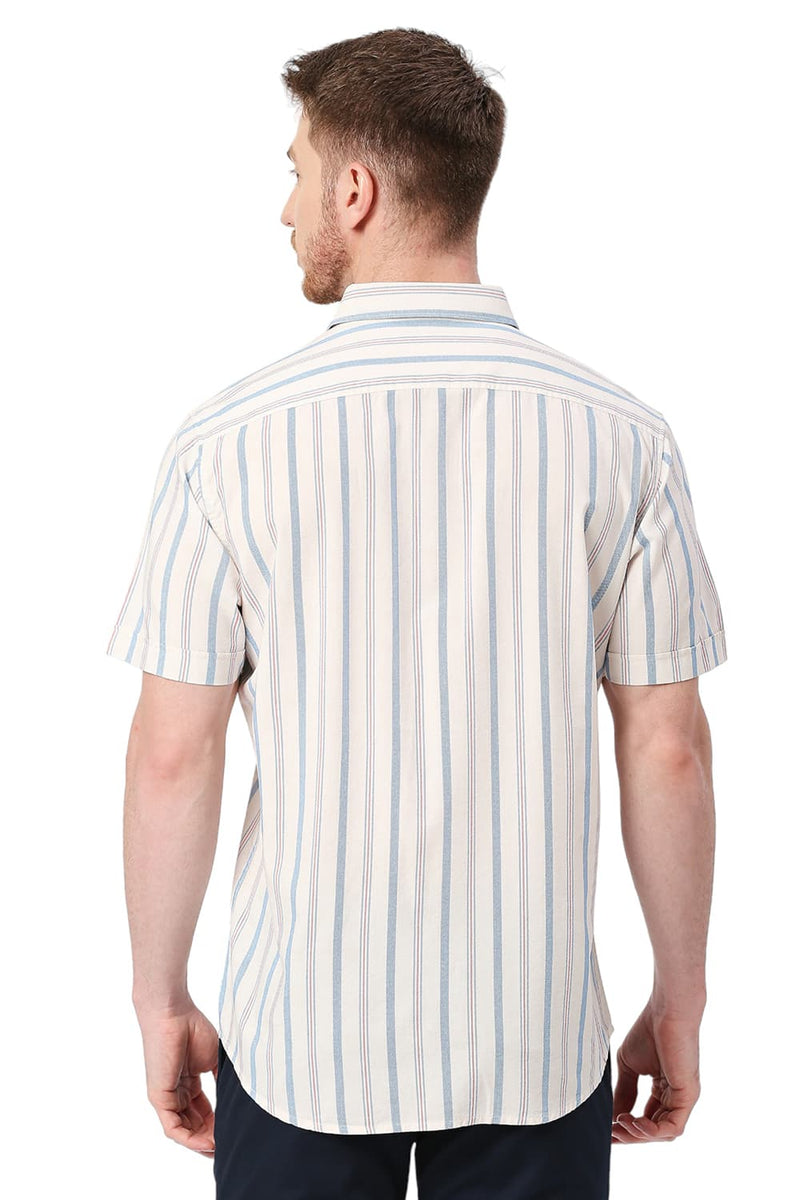 BASICS SLIM FIT COTTON VISCOSE STRIPE HALFSLEEVES SHIRT