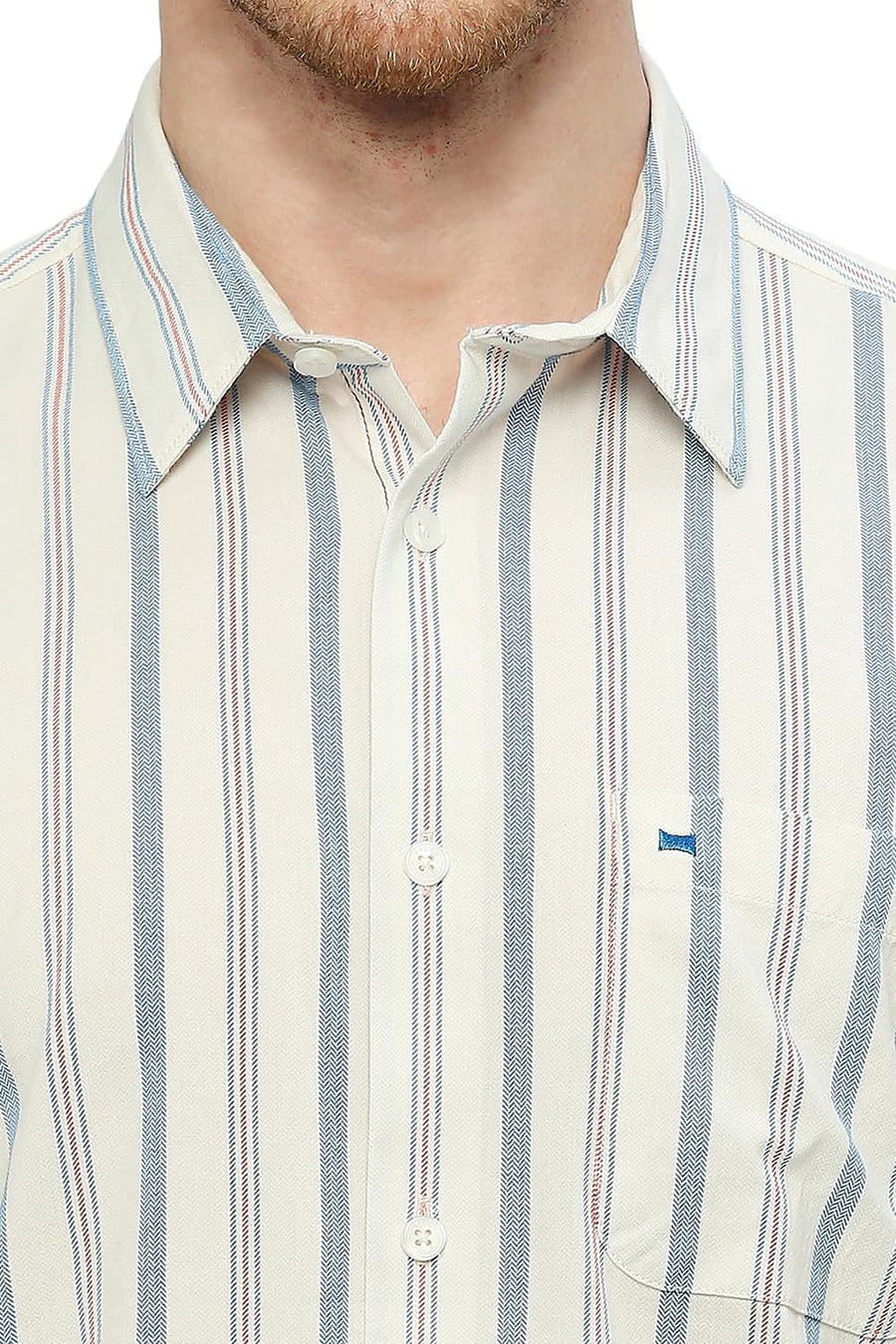 BASICS SLIM FIT MARINA BLUE COTTON VISCOSE STRIPE SHIRT