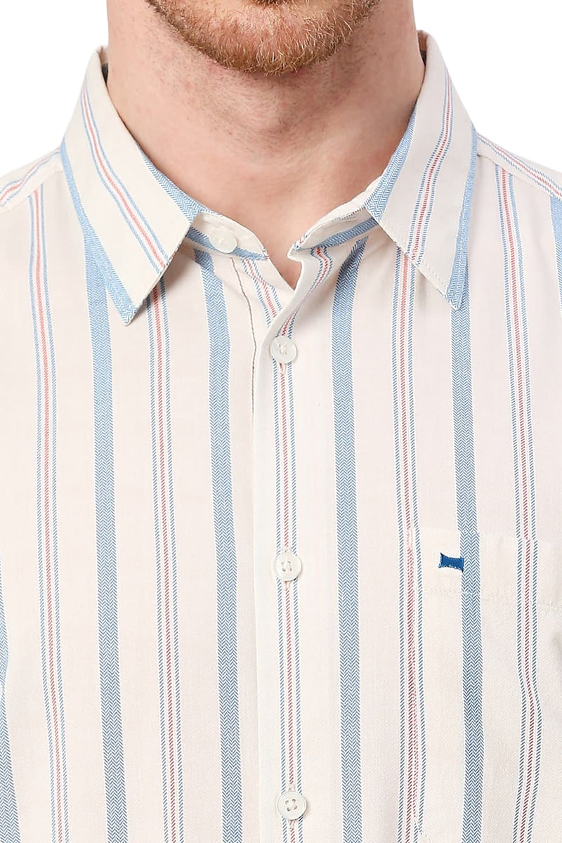 BASICS SLIM FIT COTTON VISCOSE STRIPE HALFSLEEVES SHIRT