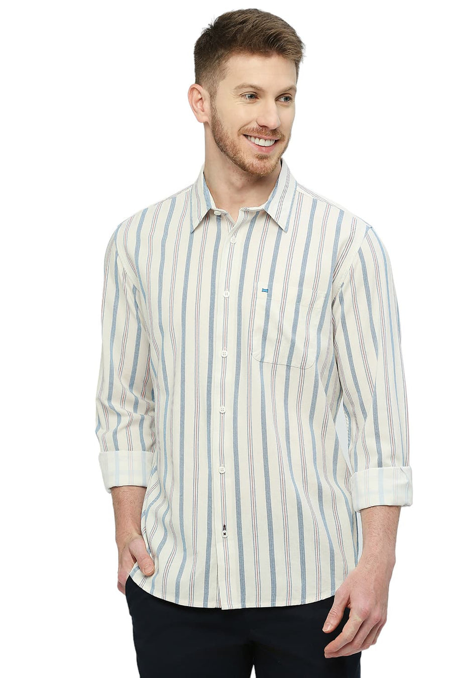 BASICS SLIM FIT MARINA BLUE COTTON VISCOSE STRIPE SHIRT